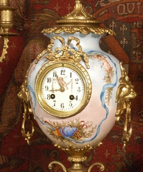 fig 1. ***** SOLD ***** Large Antique French Porcelain and gilt Clock Set - A.D Mougin